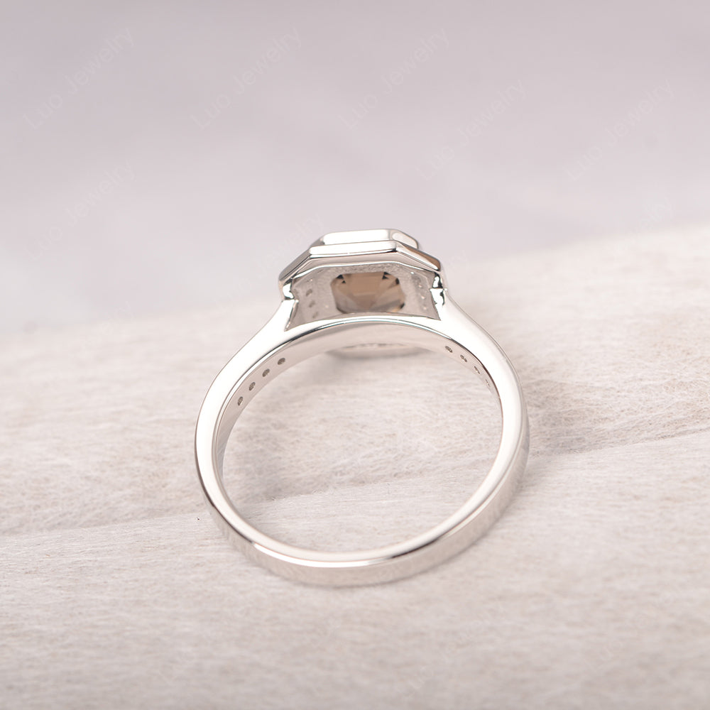 Asscher Cut Smoky Quartz Bezel Set Halo Engagement Ring - LUO Jewelry
