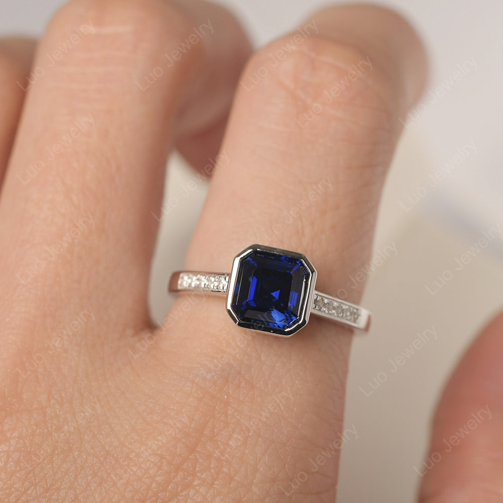 Lab Sapphire Bezel Set Asscher Engagement Rings - LUO Jewelry