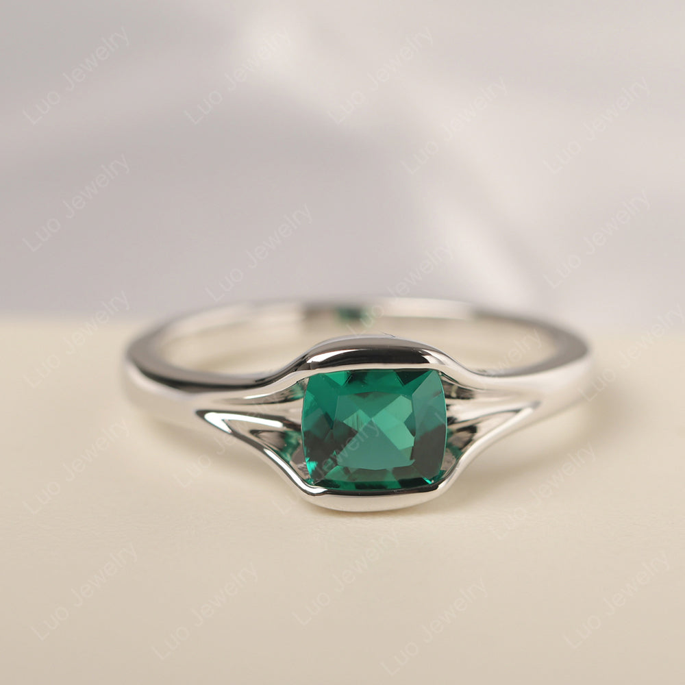 Vintage Cushion Lab Emerald Bezel Set Solitaire Ring - LUO Jewelry