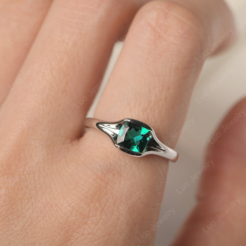 Vintage Cushion Lab Emerald Bezel Set Solitaire Ring - LUO Jewelry