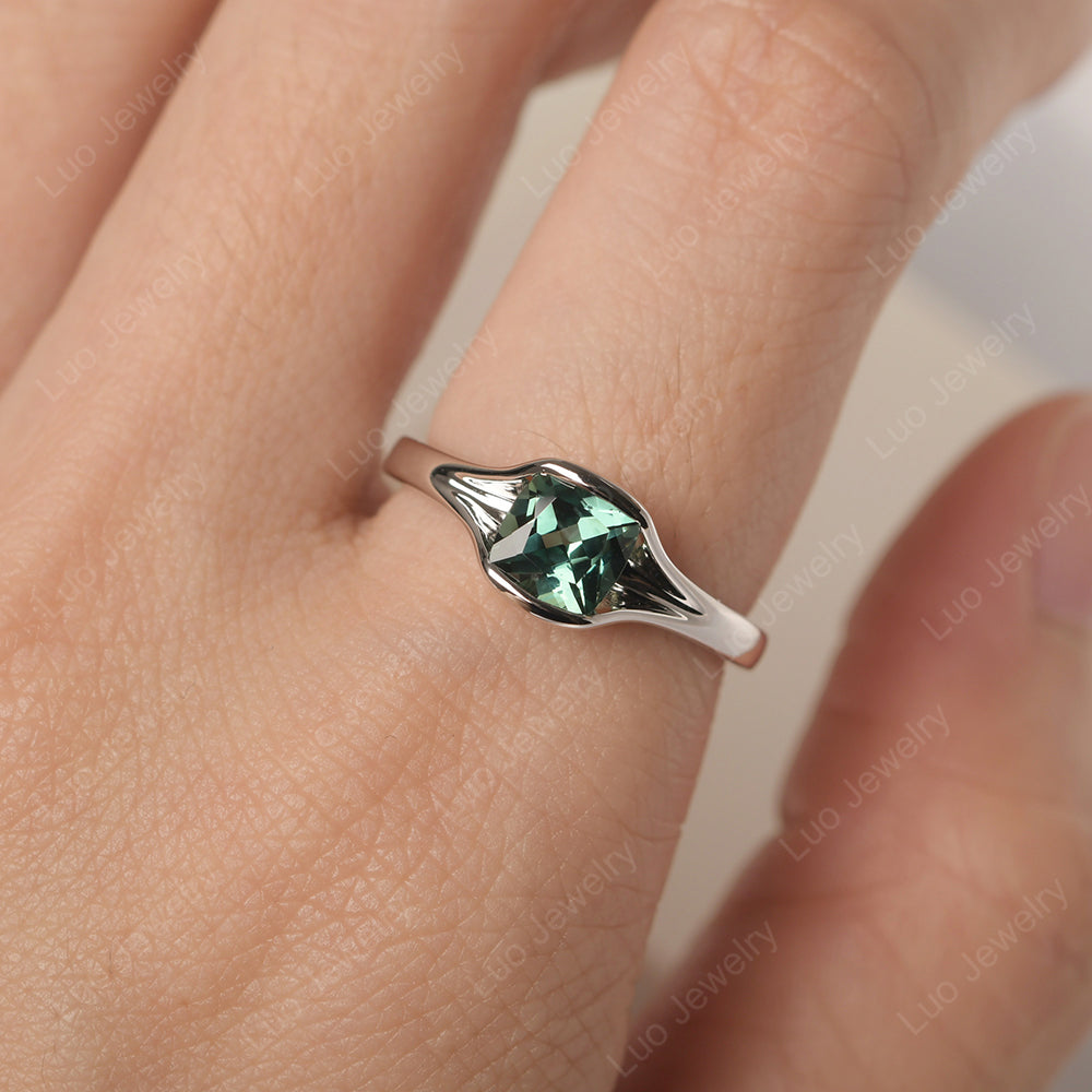 Vintage Cushion Green Sapphire Bezel Set Solitaire Ring - LUO Jewelry