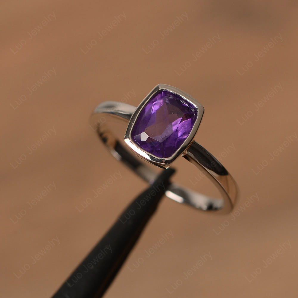 Cushion Cut Amethyst Bezel Set Solitaire Ring - LUO Jewelry