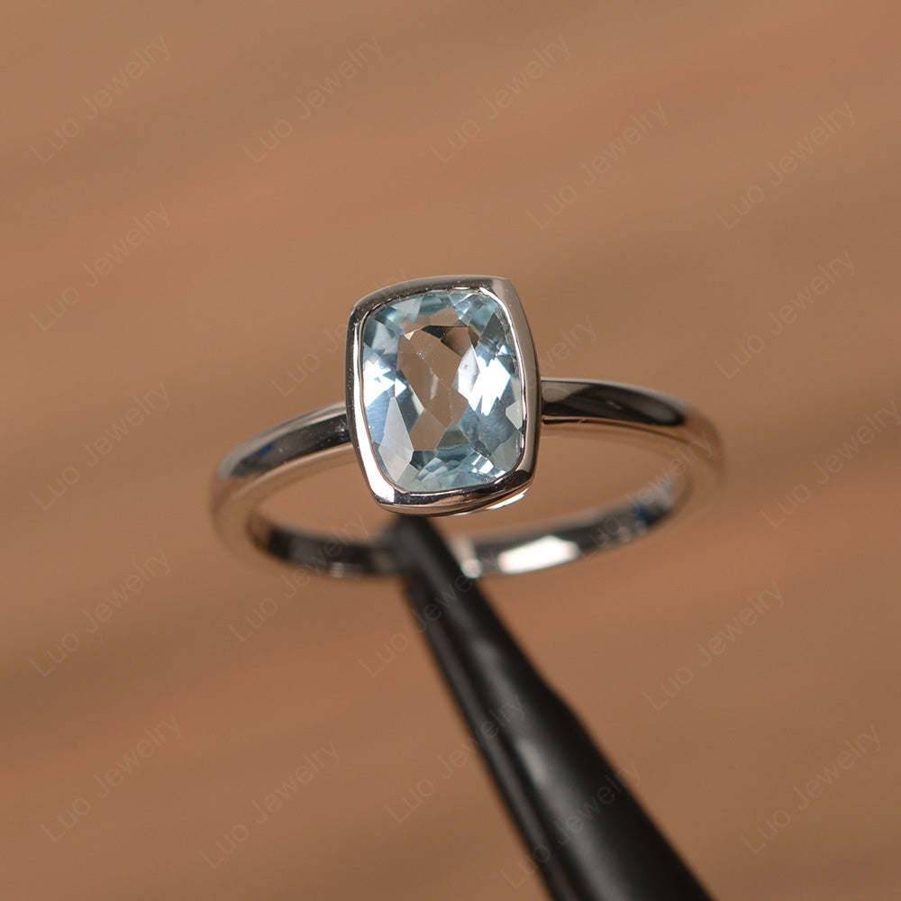 Cushion Cut Aquamarine Bezel Set Solitaire Ring - LUO Jewelry