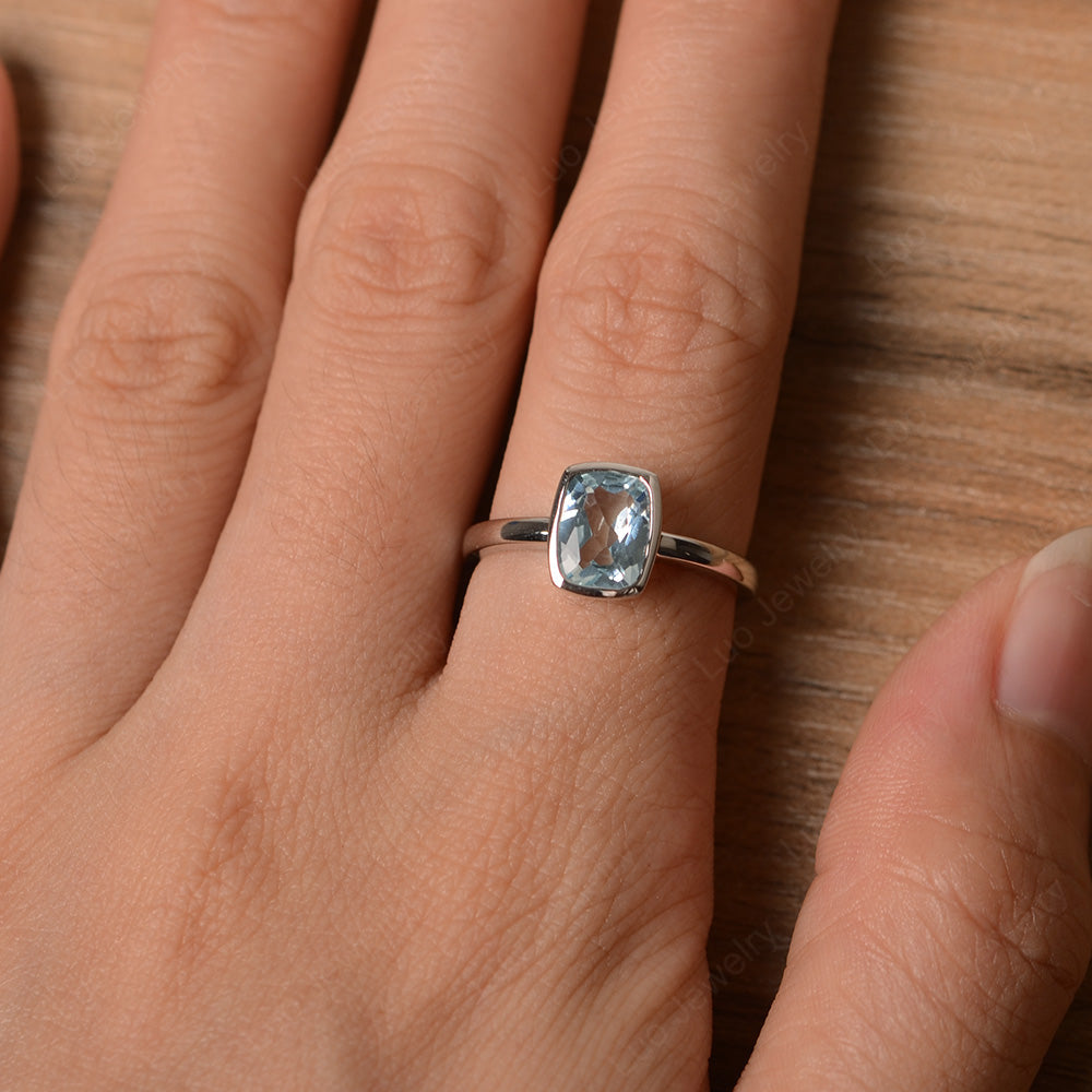 Cushion Cut Aquamarine Bezel Set Solitaire Ring - LUO Jewelry