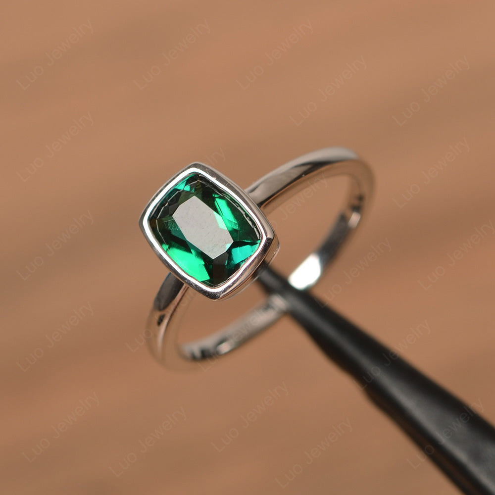Cushion Cut Lab Emerald Bezel Set Solitaire Ring - LUO Jewelry