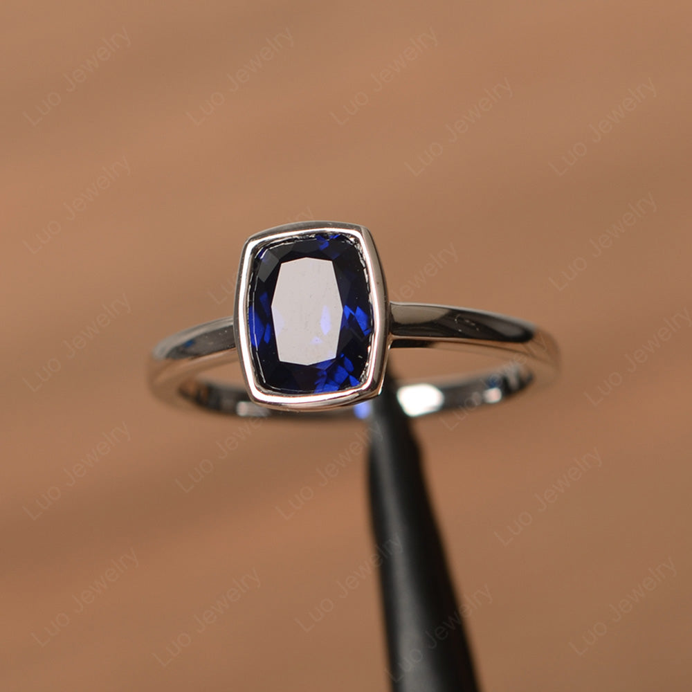 Cushion Cut Lab Sapphire Bezel Set Solitaire Ring - LUO Jewelry