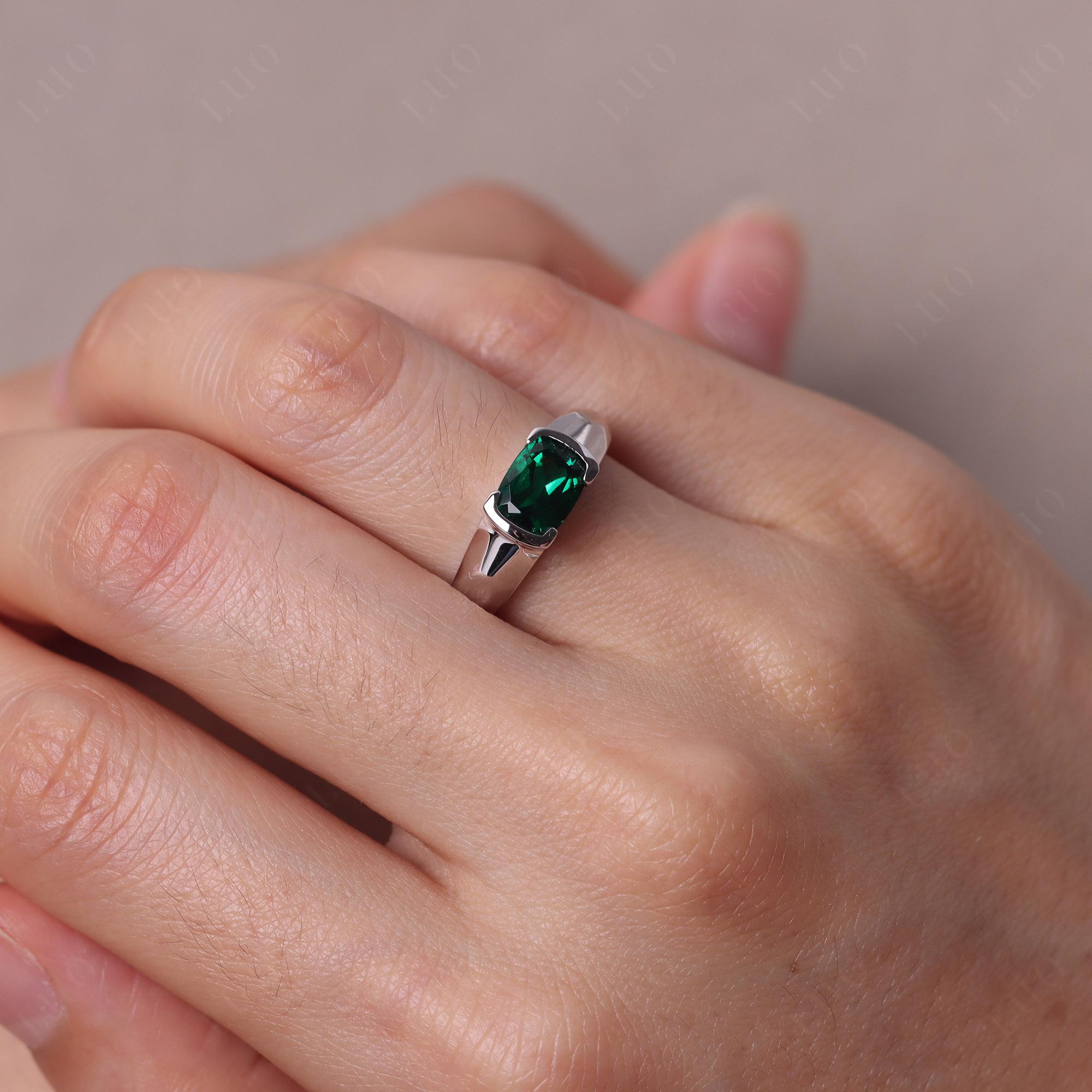 Elongated Cushion Lab Created Emerald Engagement Ring - LUO Jewelry
