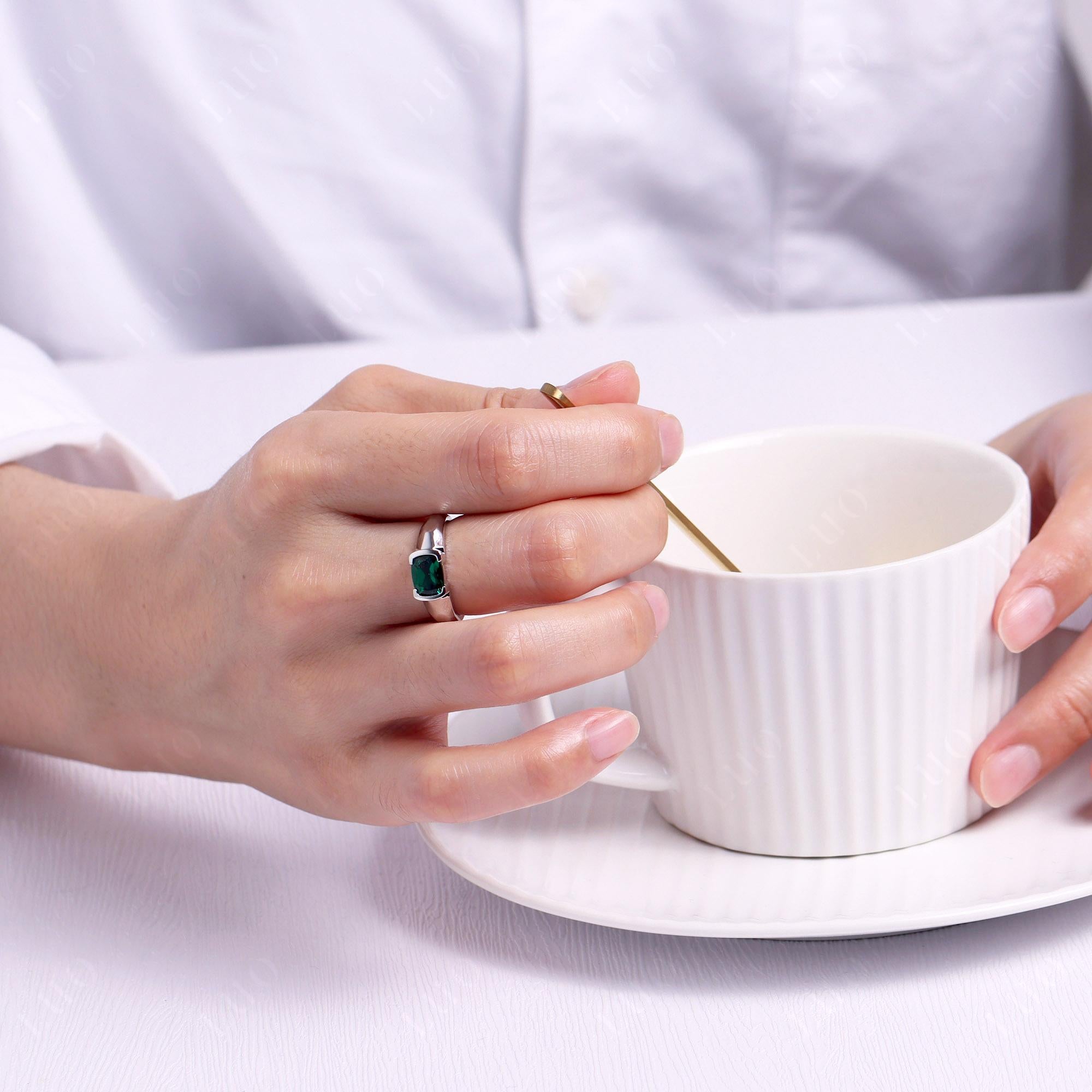 Elongated Cushion Lab Created Emerald Engagement Ring - LUO Jewelry