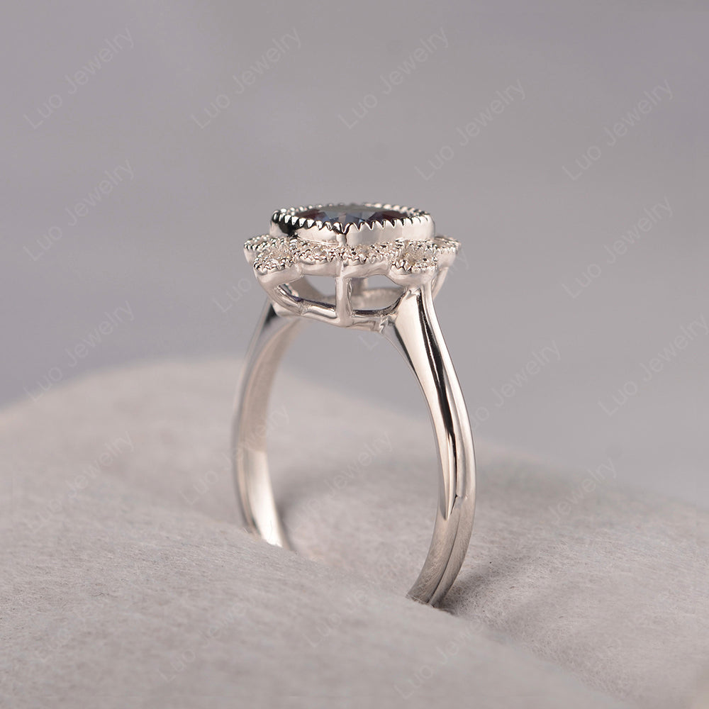 Cushion Cut Flower Alexandrite Ring Bezel Set - LUO Jewelry