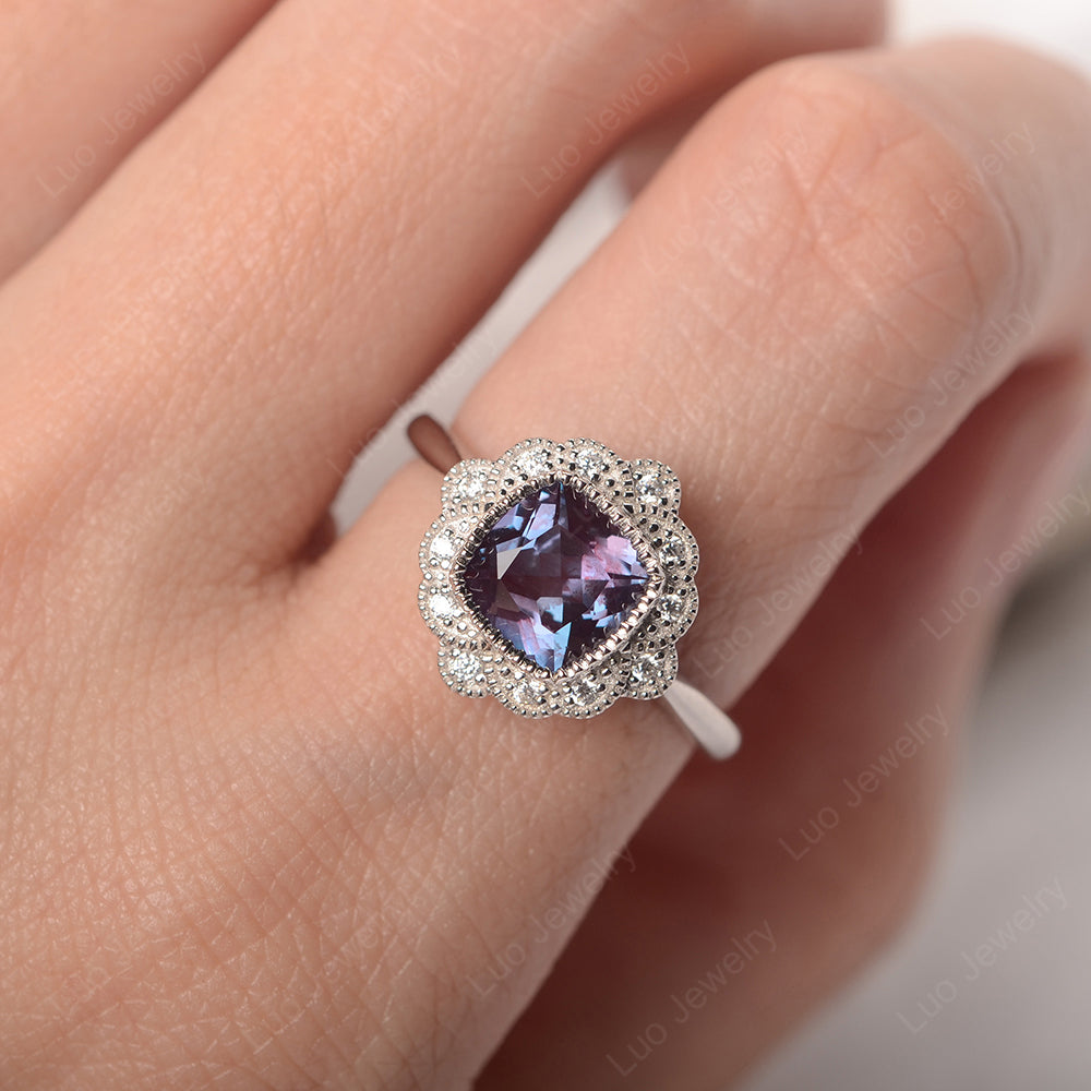 Cushion Cut Flower Alexandrite Ring Bezel Set - LUO Jewelry
