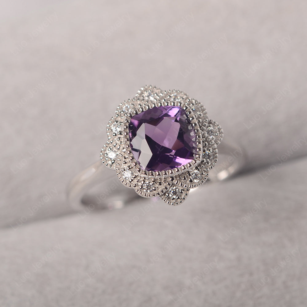 Cushion Cut Flower Amethyst Ring Bezel Set - LUO Jewelry