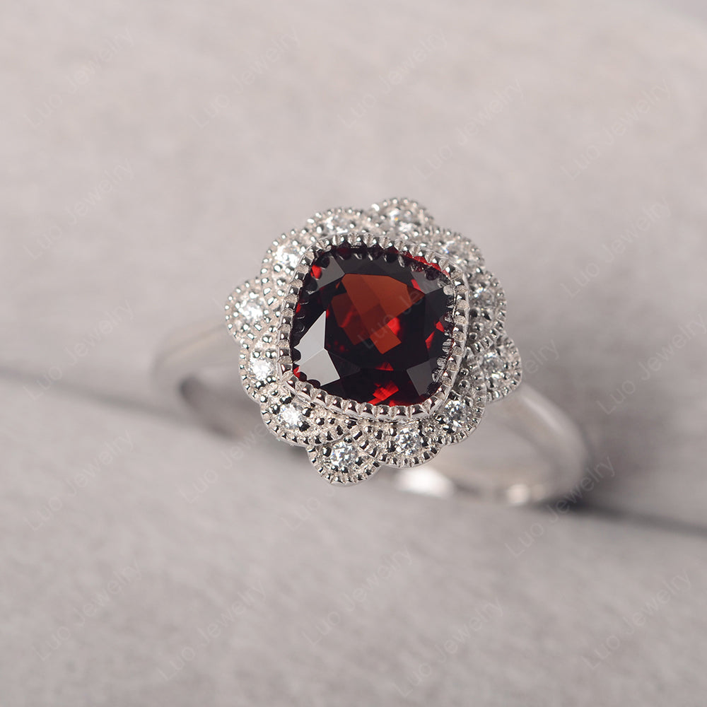 Cushion Cut Flower Garnet Ring Bezel Set - LUO Jewelry