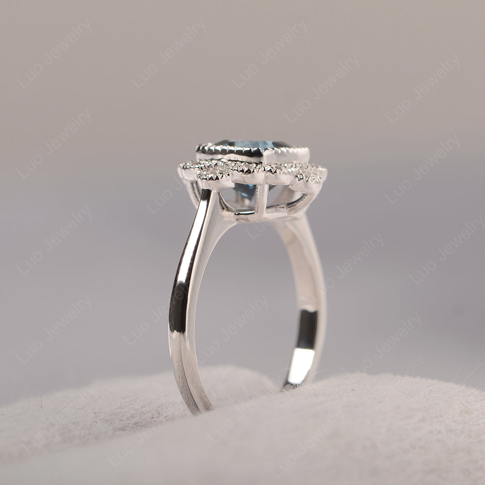 Cushion Cut Flower London Blue Topaz Ring Bezel Set - LUO Jewelry