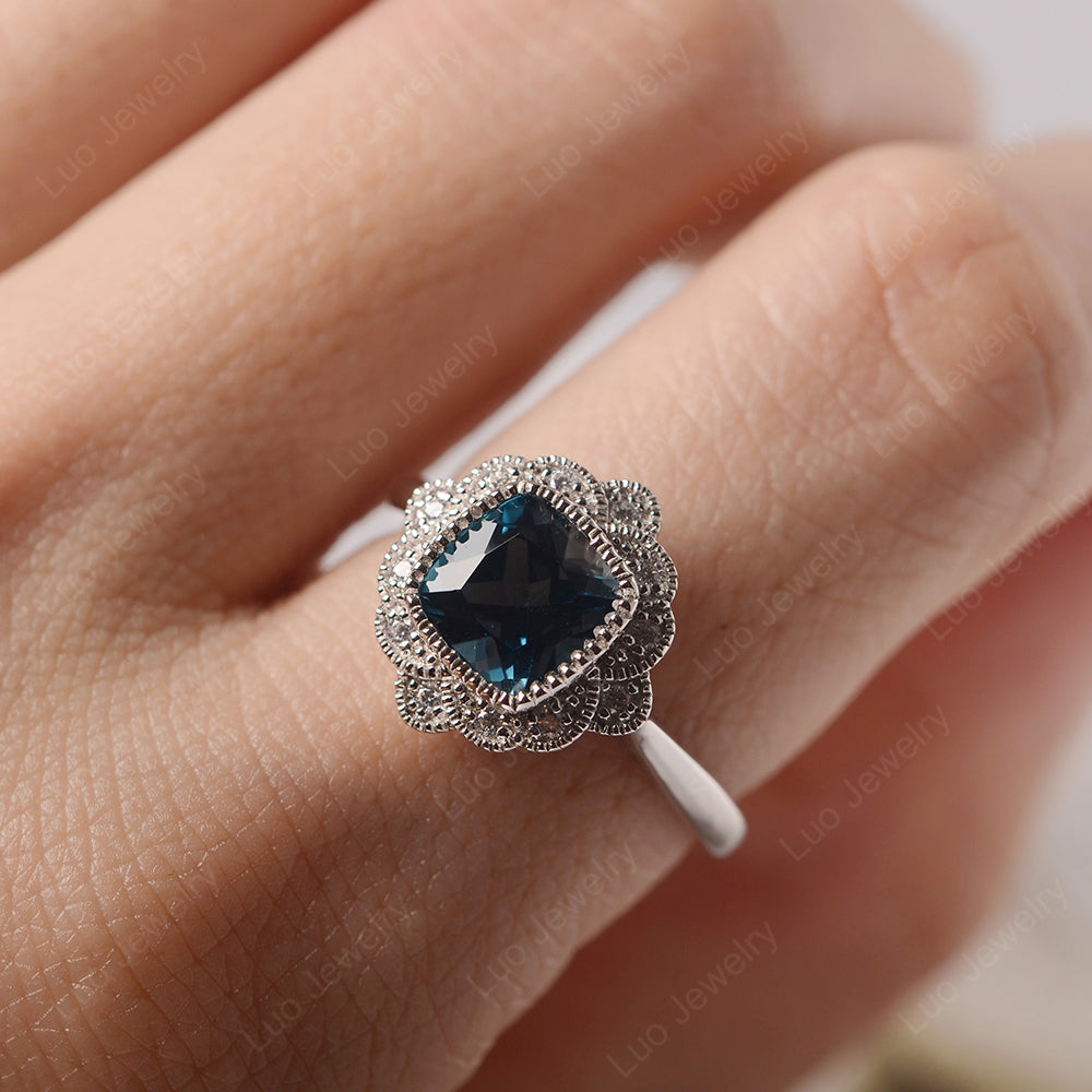 Cushion Cut Flower London Blue Topaz Ring Bezel Set - LUO Jewelry