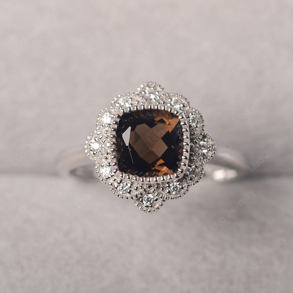 Cushion Cut Flower Smoky Quartz  Ring Bezel Set - LUO Jewelry