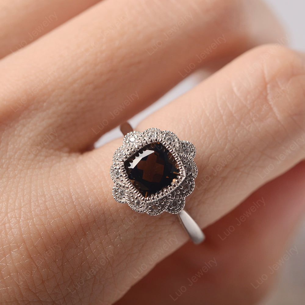 Cushion Cut Flower Smoky Quartz  Ring Bezel Set - LUO Jewelry