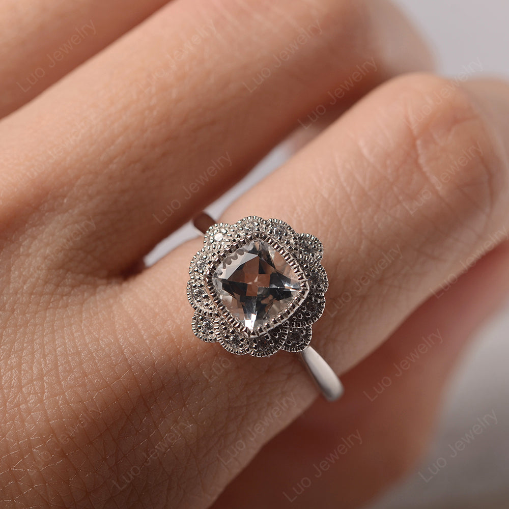 Cushion Cut Flower White Topaz Ring Bezel Set - LUO Jewelry