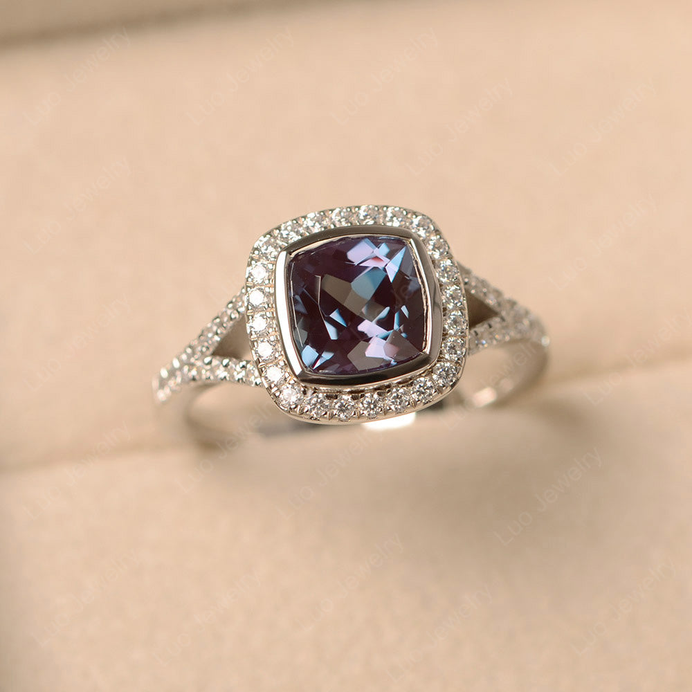 Cushion Cut Alexandrite Halo Bezel Set Ring - LUO Jewelry