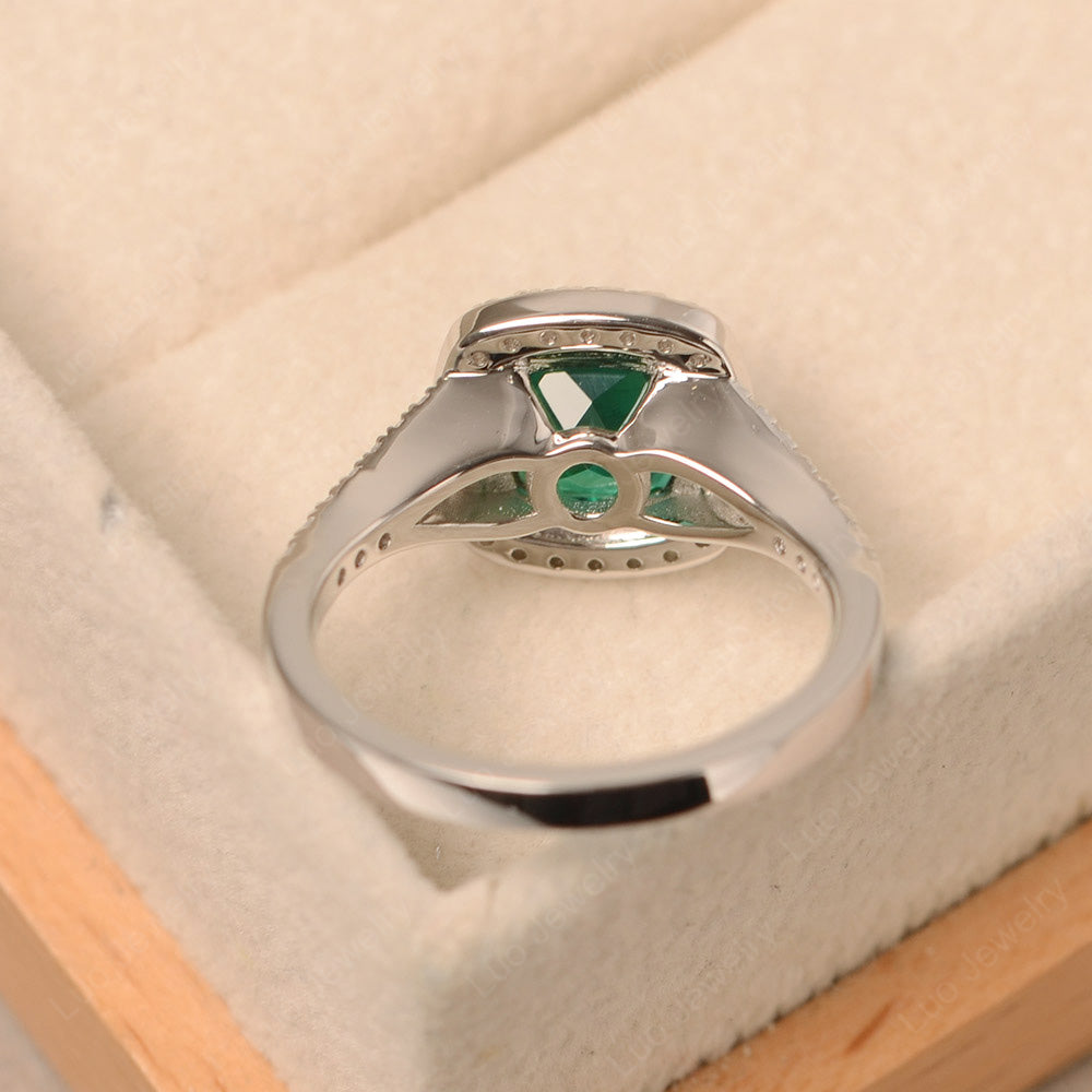 Cushion Cut Lab Emerald Halo Bezel Set Ring - LUO Jewelry