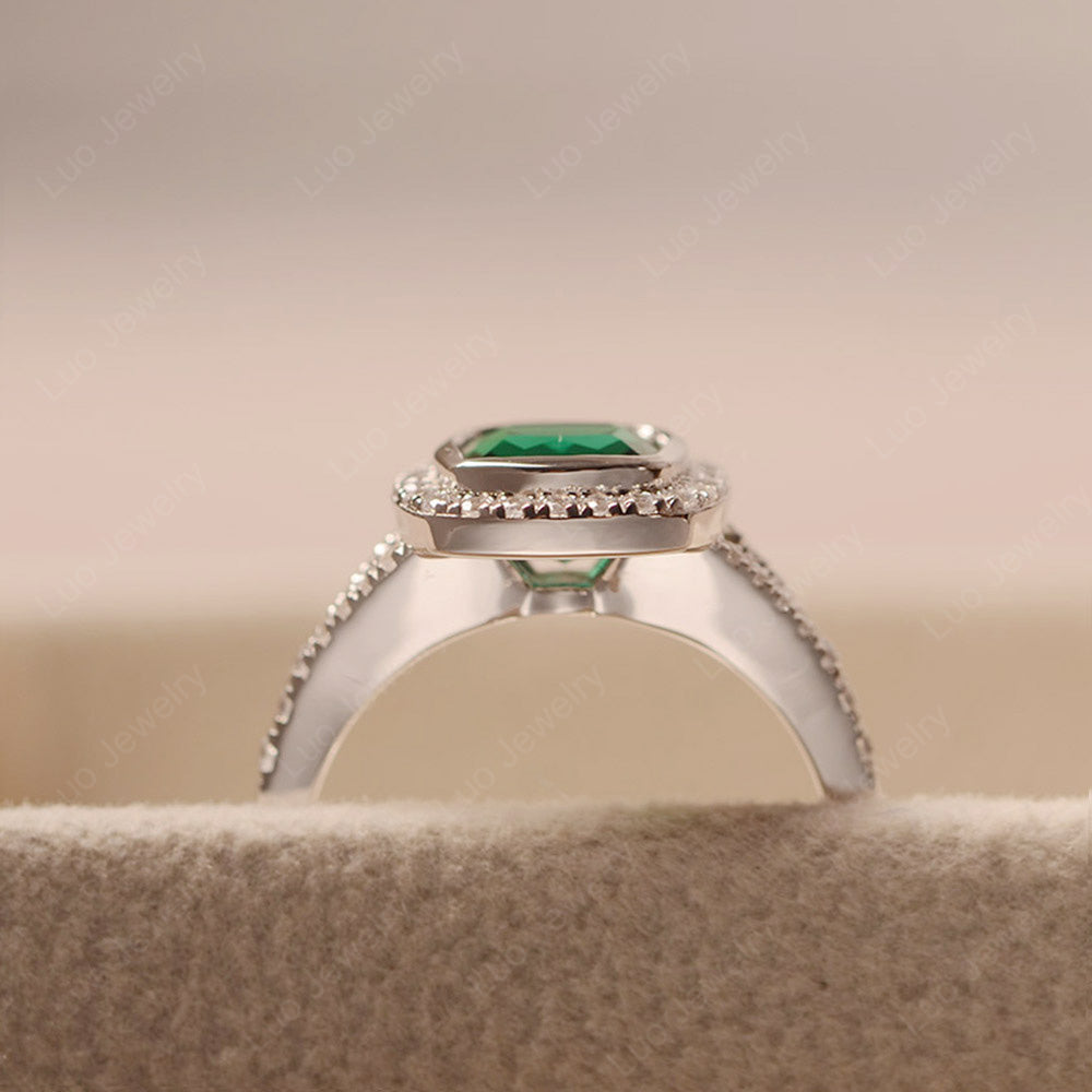 Cushion Cut Lab Emerald Halo Bezel Set Ring - LUO Jewelry