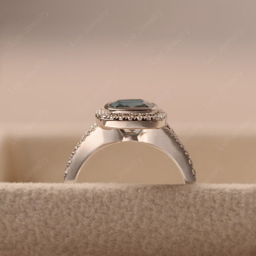 Cushion Cut London Blue Topaz Halo Bezel Set Ring - LUO Jewelry