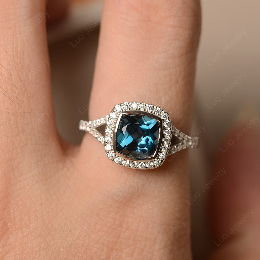Cushion Cut London Blue Topaz Halo Bezel Set Ring - LUO Jewelry