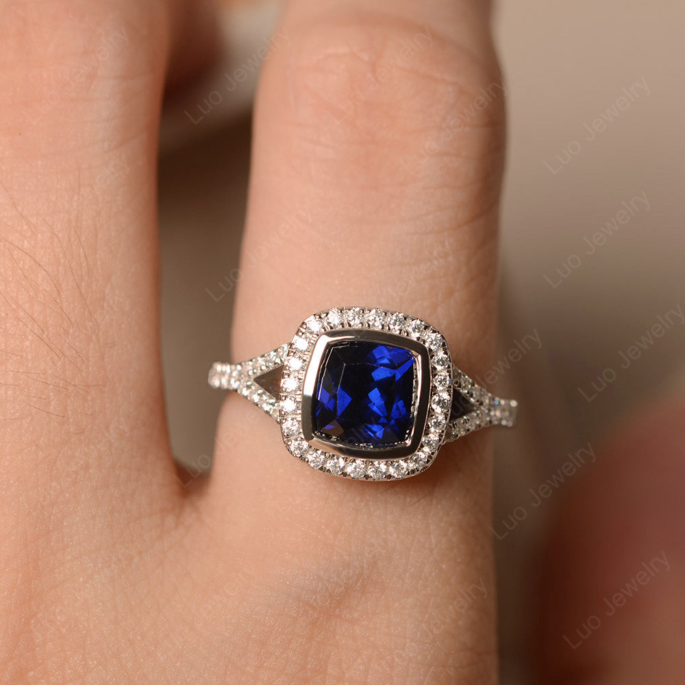Cushion Cut Lab Sapphire Halo Bezel Set Ring - LUO Jewelry