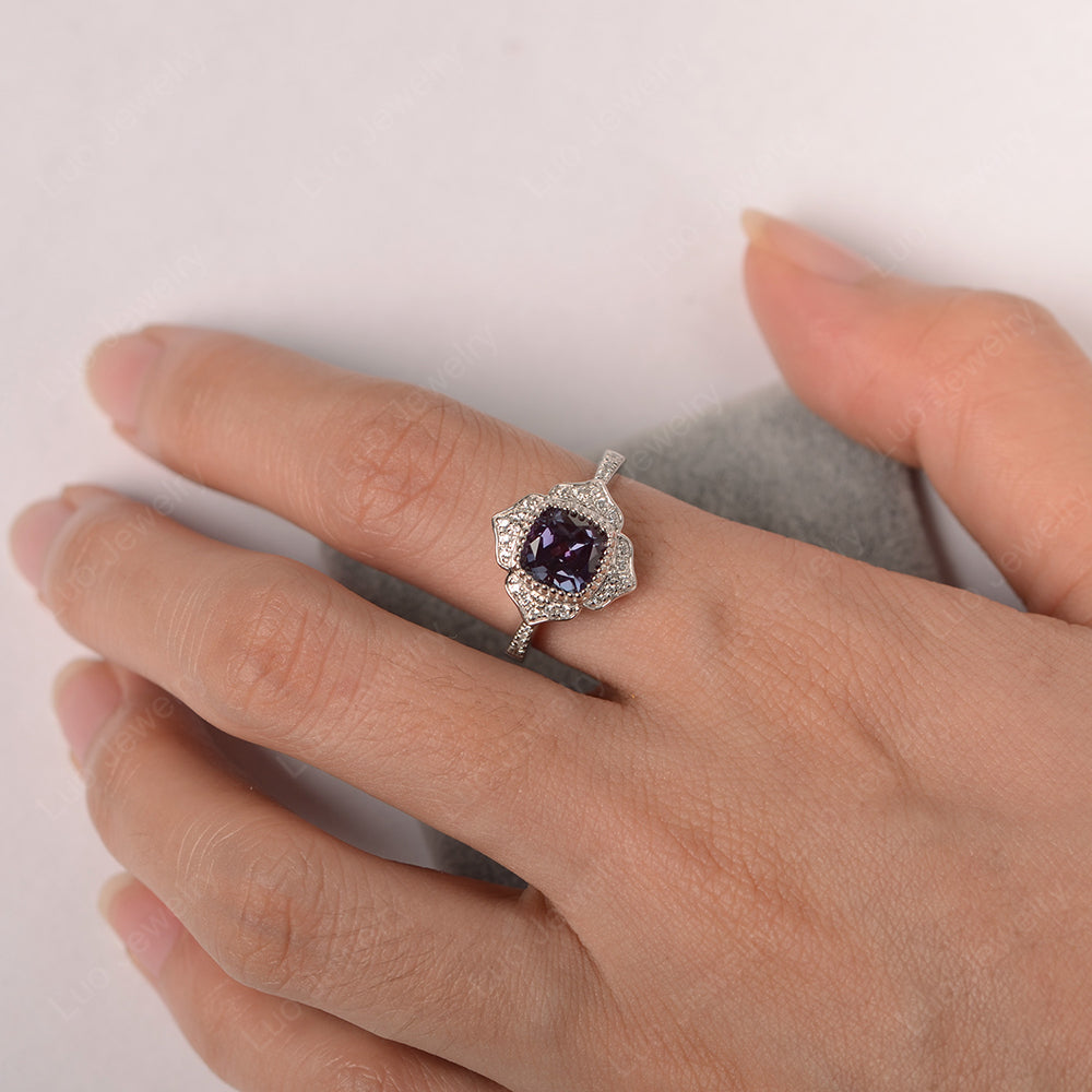 Alexandrite Ring Cushion Cut Bezel Set Halo Ring - LUO Jewelry