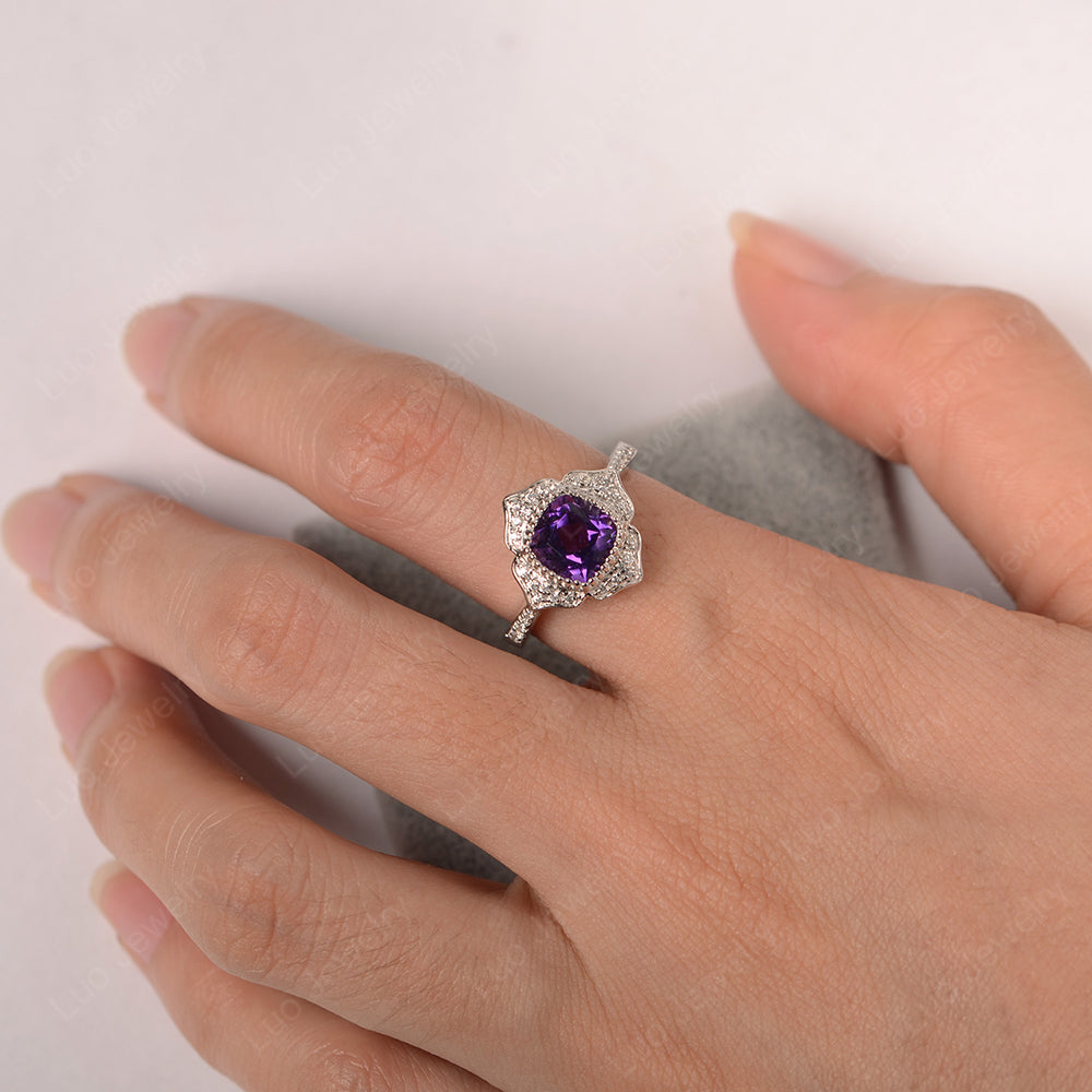 Amethyst Ring Cushion Cut Bezel Set Halo Ring - LUO Jewelry