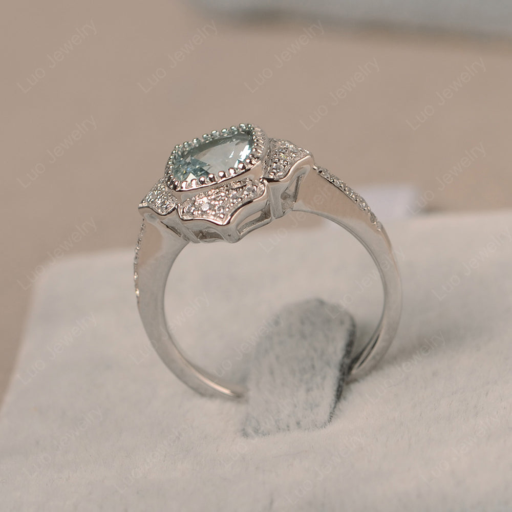 Aquamarine Ring Cushion Cut Bezel Set Halo Ring - LUO Jewelry