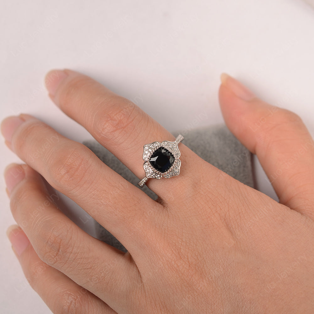 Black Spinel Ring Cushion Cut Bezel Set Halo Ring - LUO Jewelry