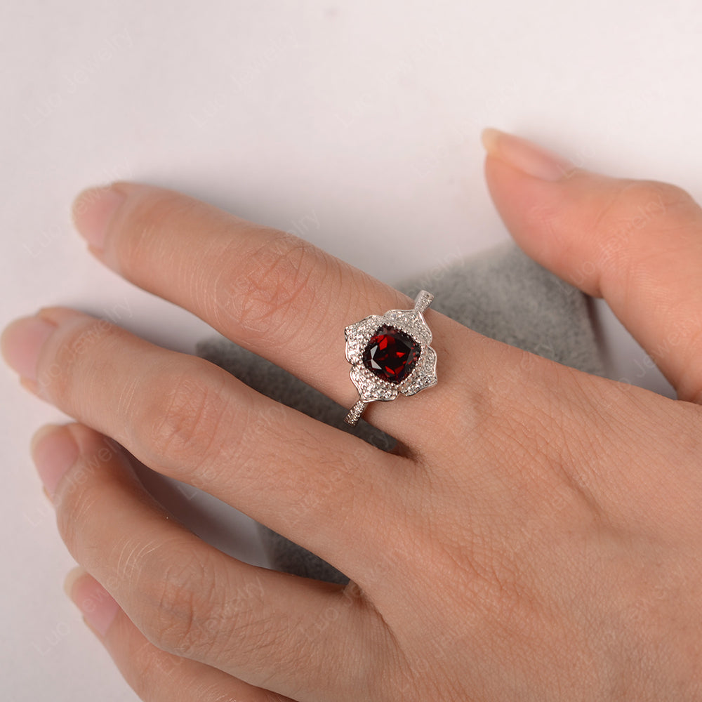Garnet Ring Cushion Cut Bezel Set Halo Ring - LUO Jewelry