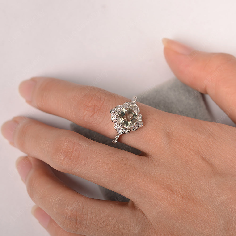 Green Amethyst Ring Cushion Cut Bezel Set Halo Ring - LUO Jewelry