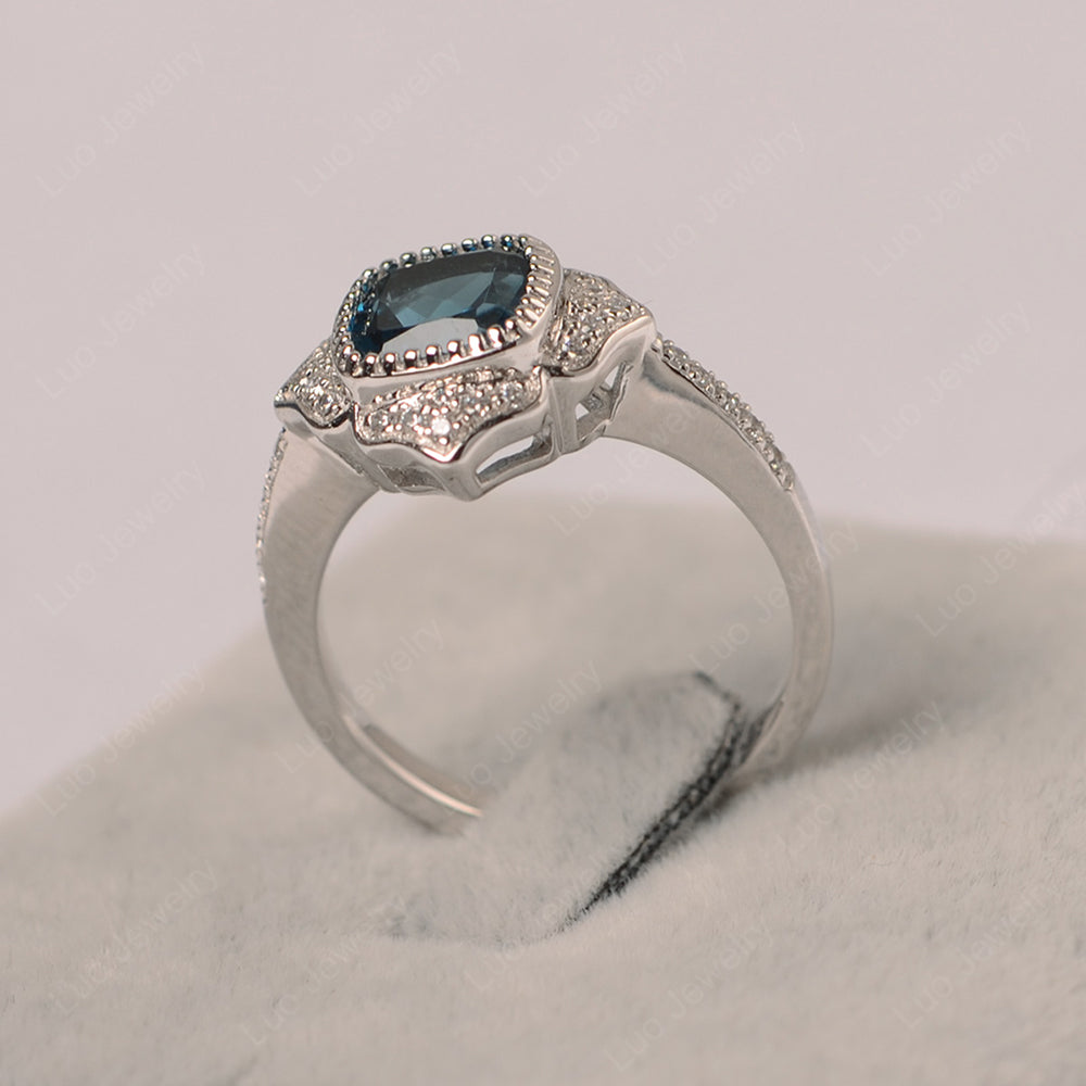 London Blue Topaz Ring Cushion Cut Bezel Set Halo Ring - LUO Jewelry