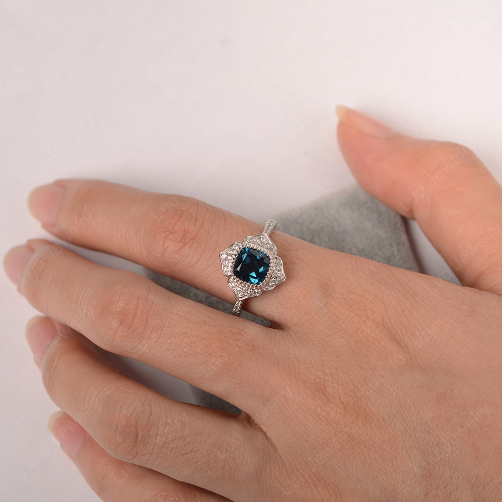 London Blue Topaz Ring Cushion Cut Bezel Set Halo Ring - LUO Jewelry