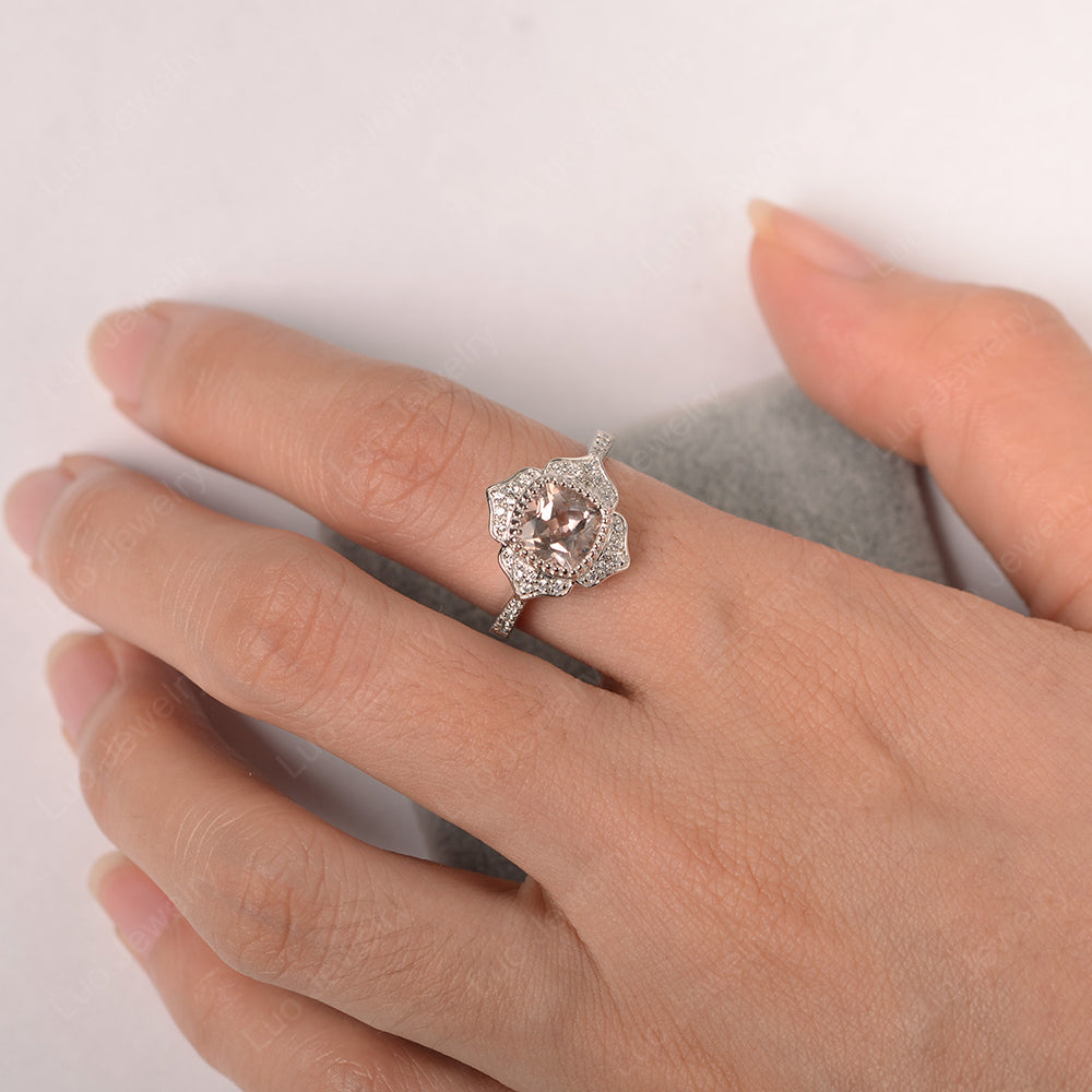 Morganite Ring Cushion Cut Bezel Set Halo Ring - LUO Jewelry