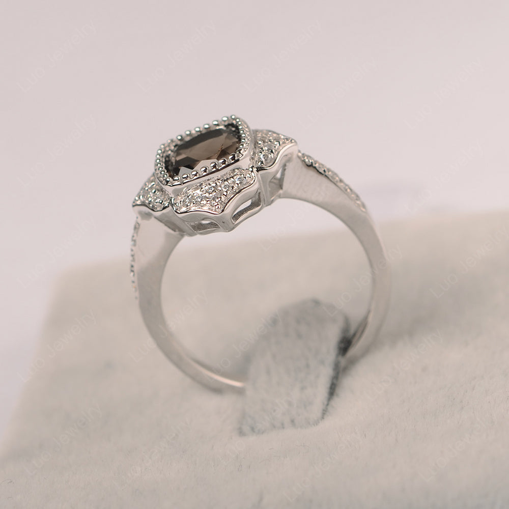 Smoky Quartz Ring Cushion Cut Bezel Set Halo Ring - LUO Jewelry