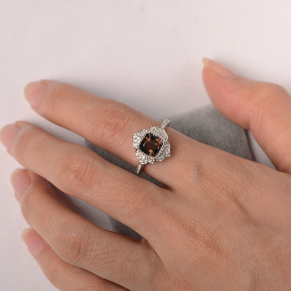 Smoky Quartz Ring Cushion Cut Bezel Set Halo Ring - LUO Jewelry