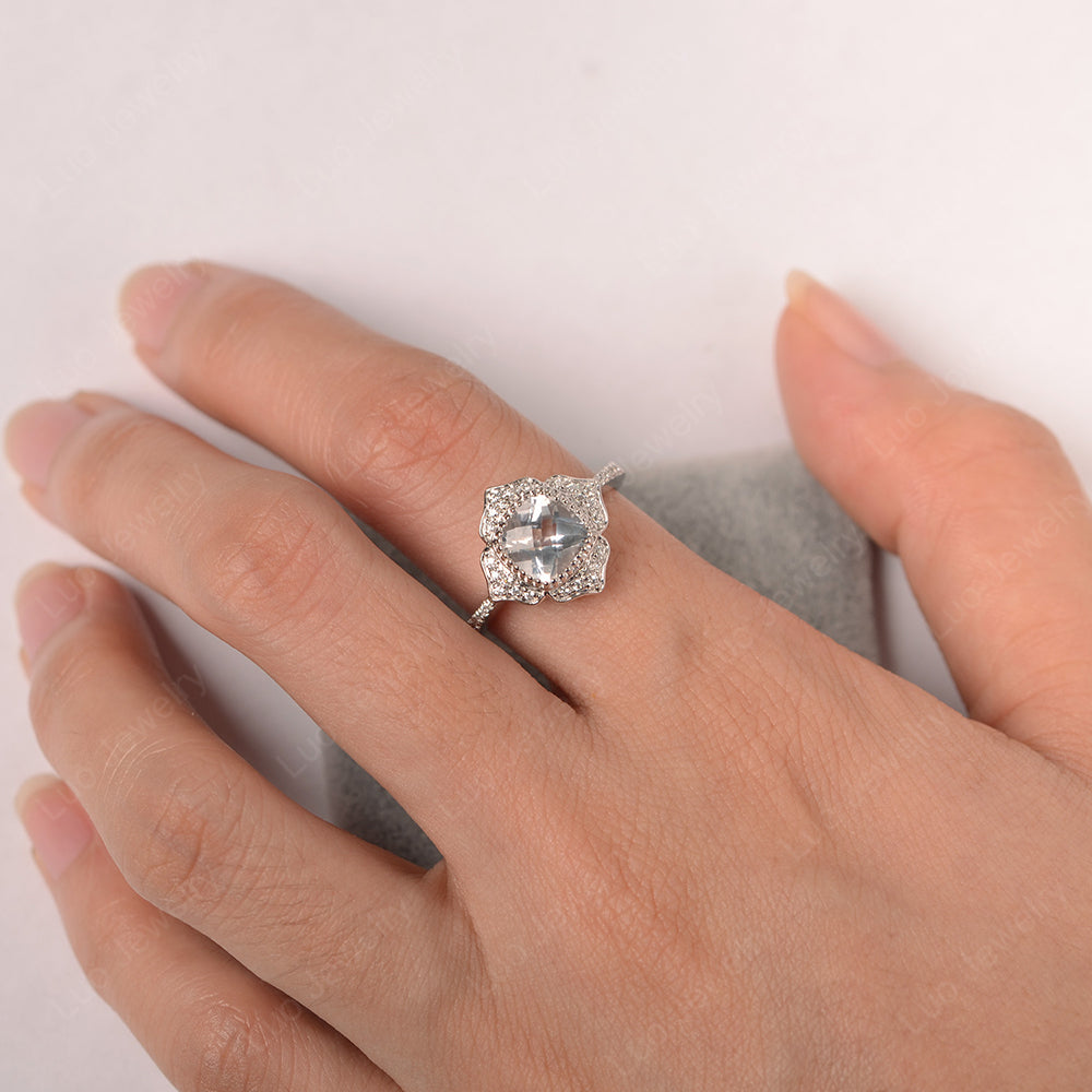 White Topaz Ring Cushion Cut Bezel Set Halo Ring - LUO Jewelry