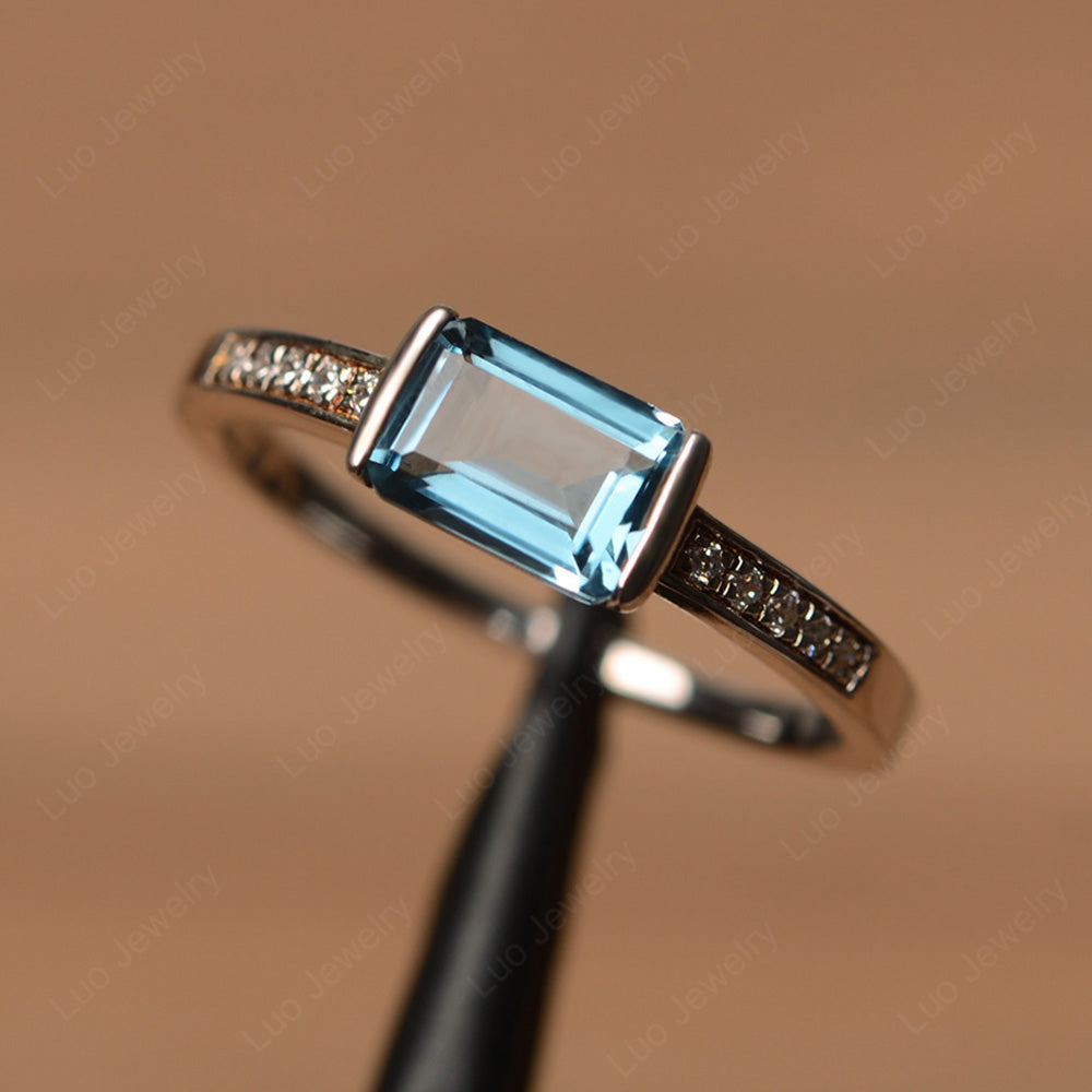 East West Emerald Cut London Blue Topaz Wedding Ring - LUO Jewelry