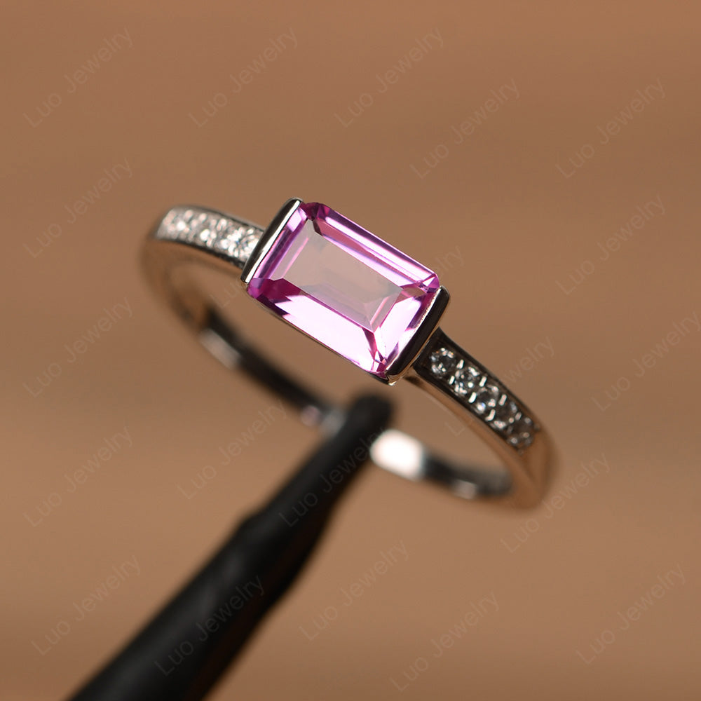 East West Emerald Cut Pink Sapphire Wedding Ring - LUO Jewelry