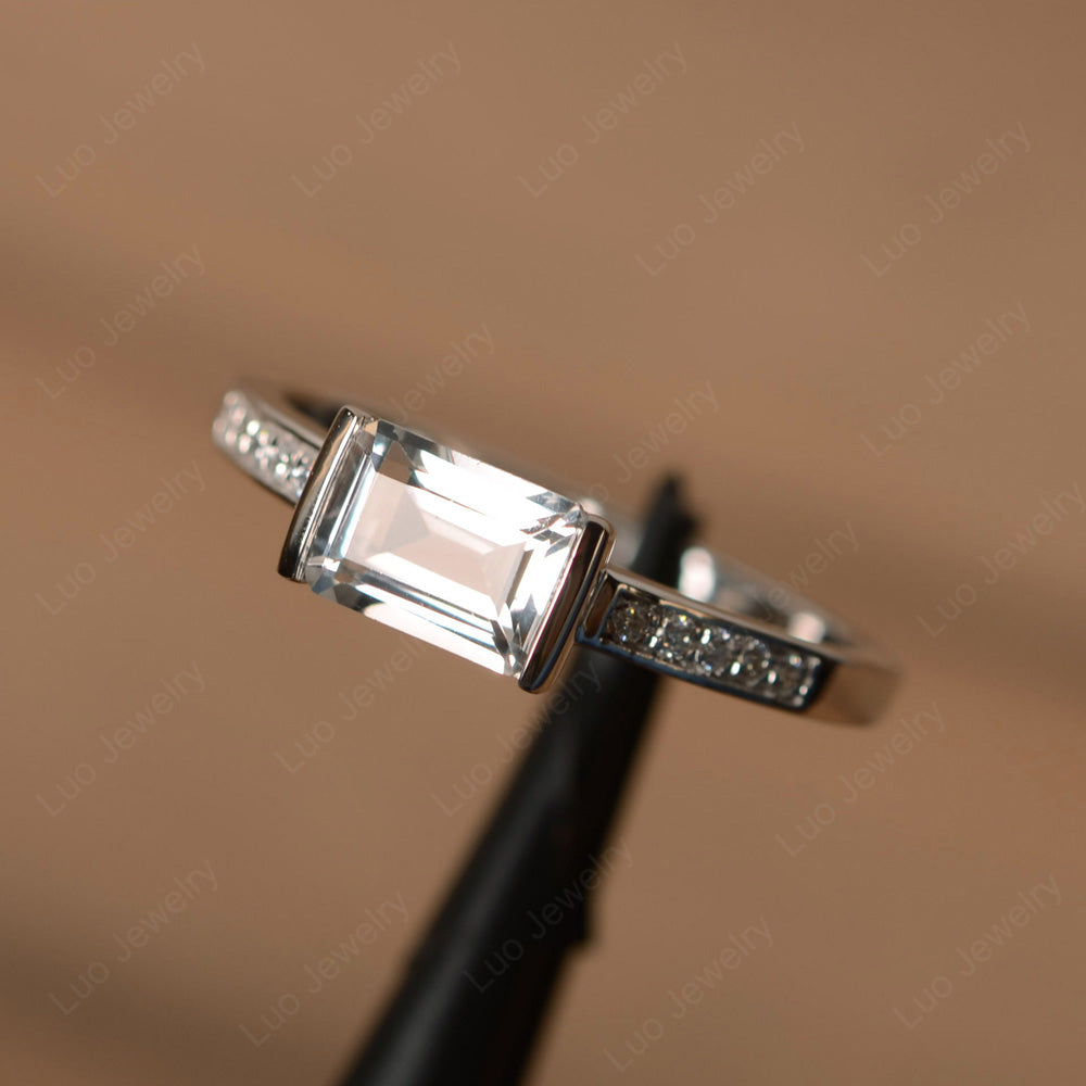 East West Emerald Cut White Topaz Wedding Ring - LUO Jewelry