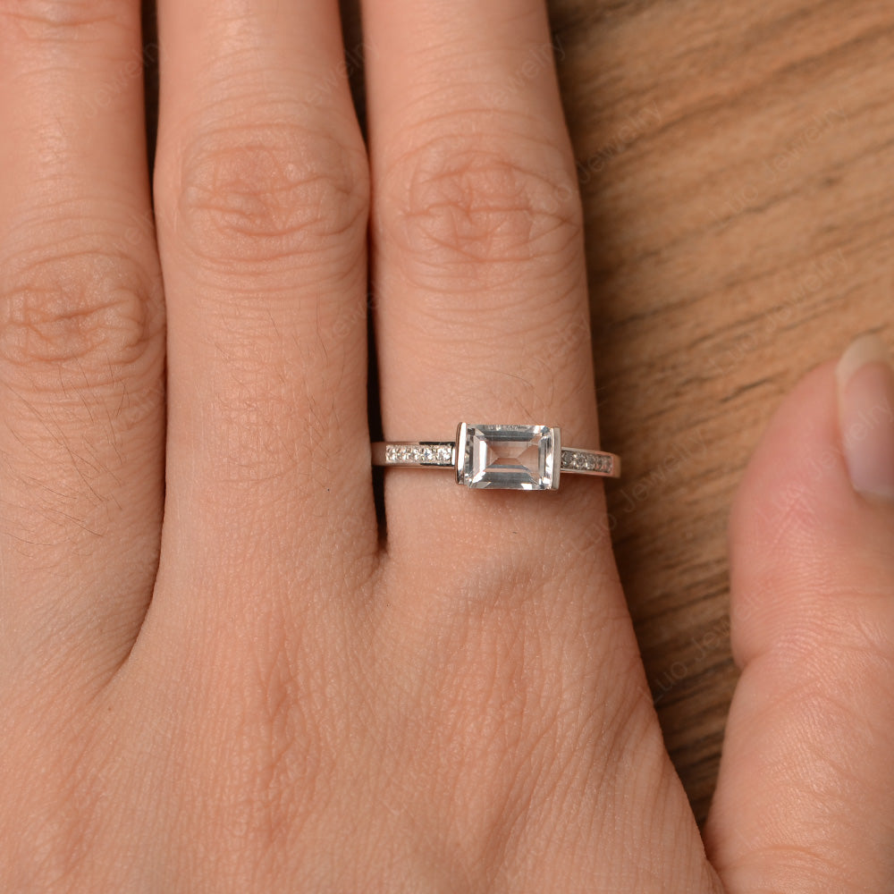 East West Emerald Cut White Topaz Wedding Ring - LUO Jewelry