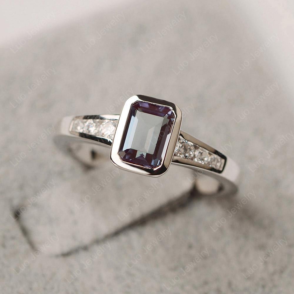 Emerald Cut Alexandrite Bezel Set Ring White Gold - LUO Jewelry