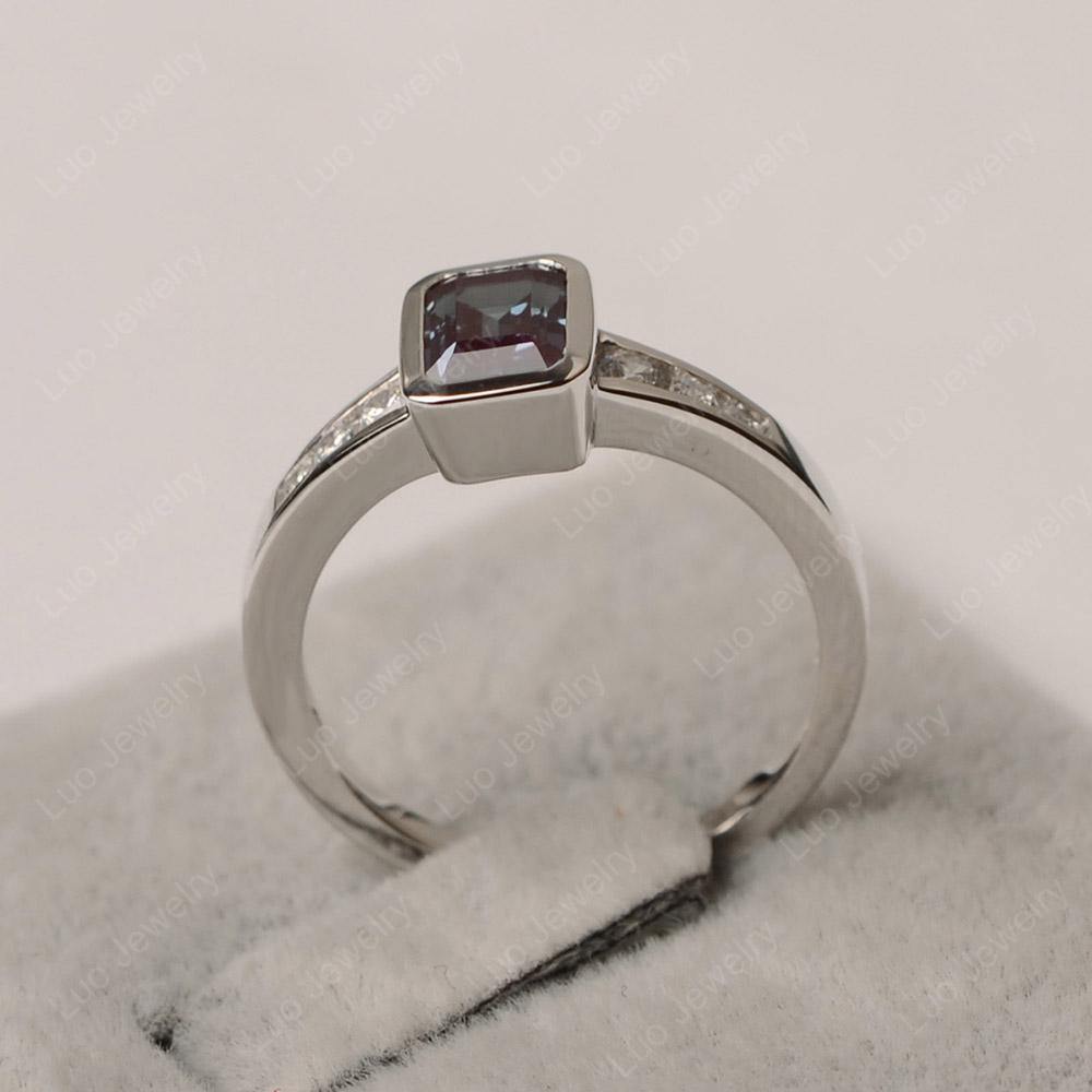 Emerald Cut Alexandrite Bezel Set Ring White Gold - LUO Jewelry