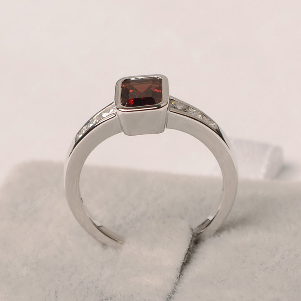 Emerald Cut Garnet Bezel Set Ring White Gold - LUO Jewelry