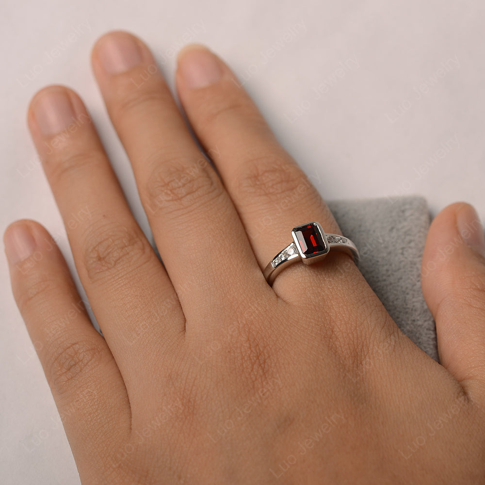 Emerald Cut Garnet Bezel Set Ring White Gold - LUO Jewelry