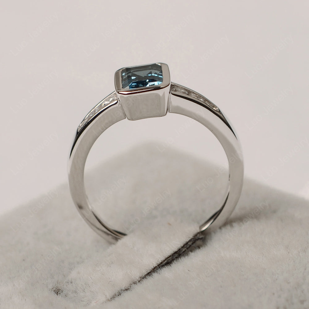 Emerald Cut London Blue Topaz Bezel Set Ring White Gold - LUO Jewelry
