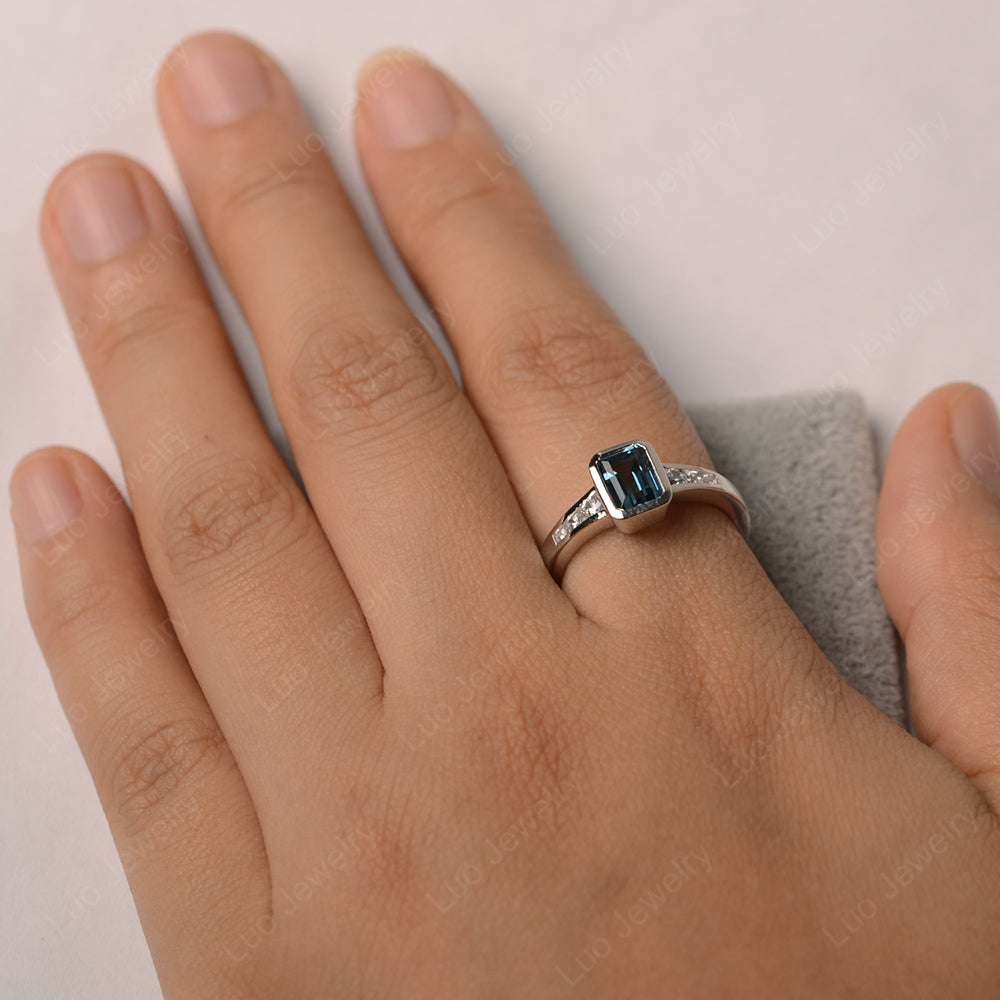 Emerald Cut London Blue Topaz Bezel Set Ring White Gold - LUO Jewelry