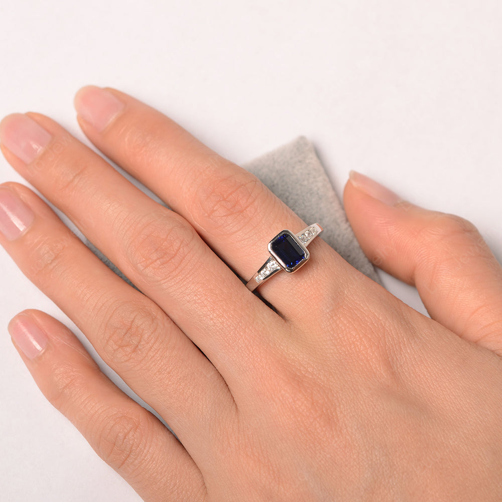 Emerald Cut Lab Sapphire Bezel Set Ring White Gold - LUO Jewelry